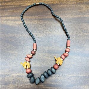 Vintage Handmade Wood Bead and Caved elephant necklace